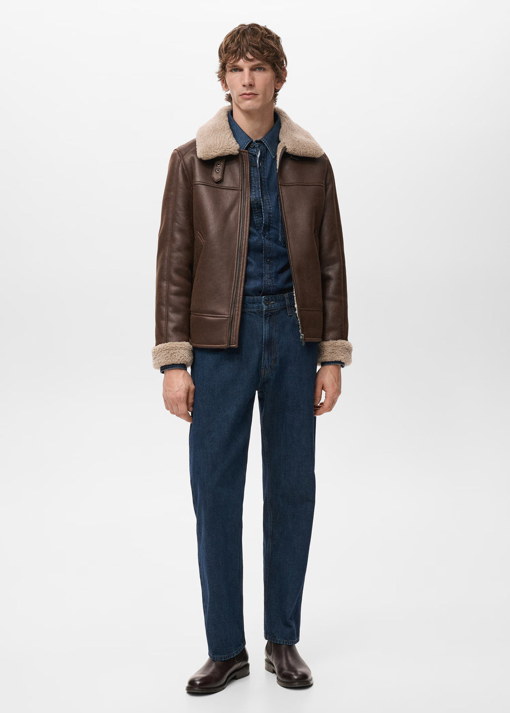 Men Brown Leather Jacket With Fur Collar