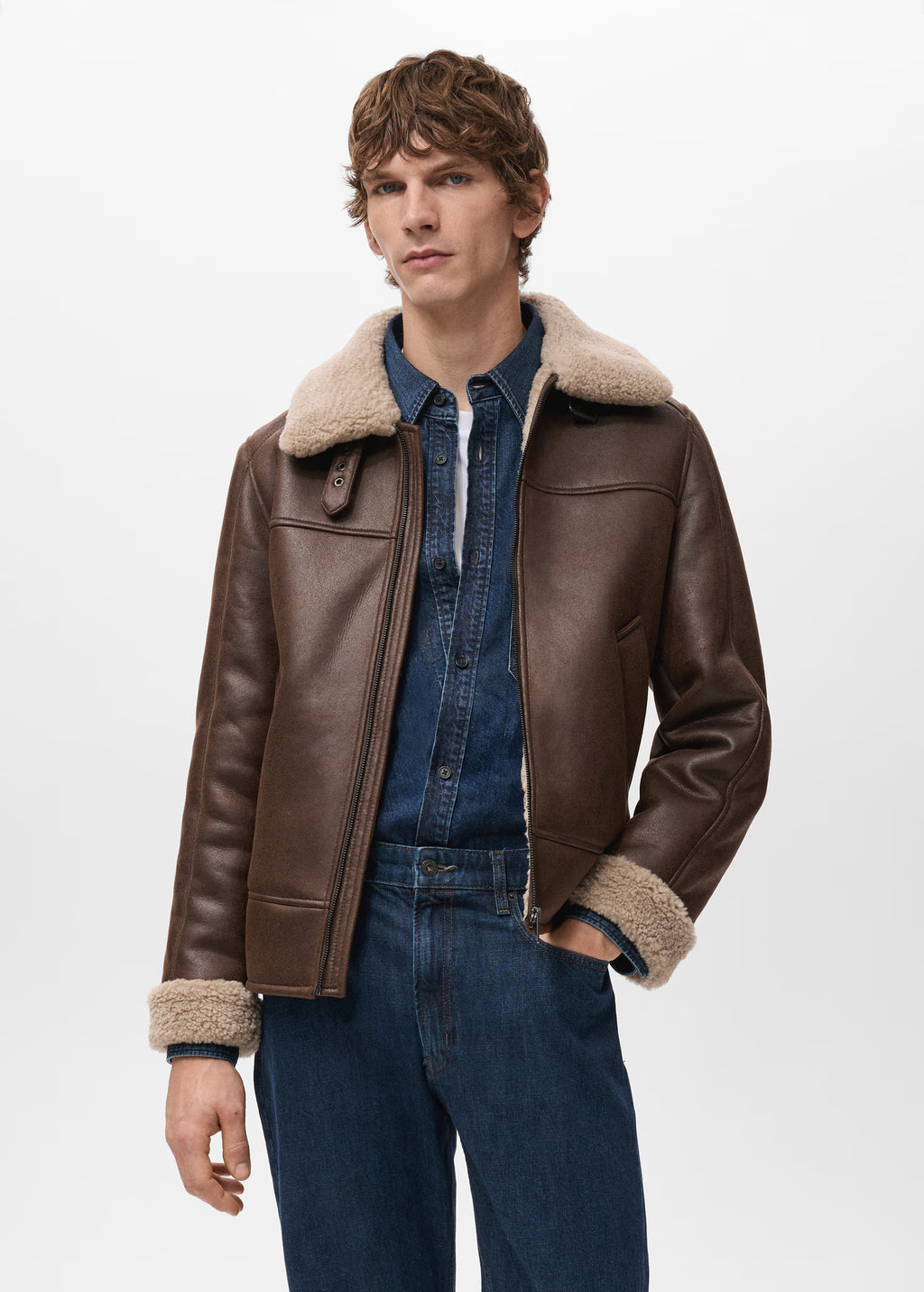 Men Brown Leather Jacket With Fur Collar