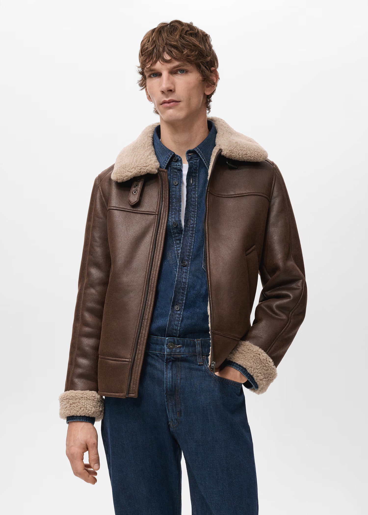 Men Brown Leather Jacket With Fur Collar