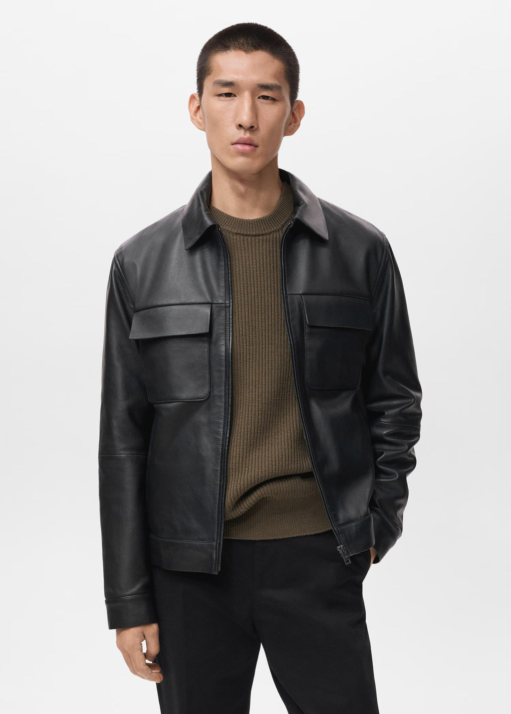 Black Leather Jacket With Classic Biker Silhouette