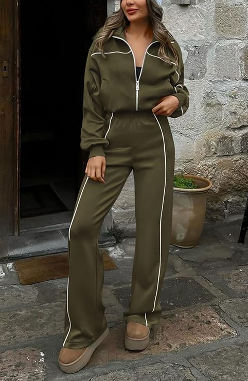 Women Two Piece Tracksuit with Contrast Piping Trouser and Fleece Zipper