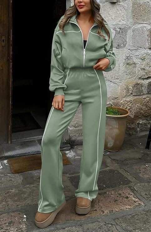 Women Two Piece Tracksuit with Contrast Piping Trouser and Fleece Zipper