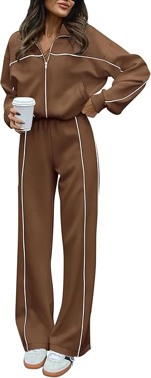 Contrast Piping Wide leg Joggers and Zipper Tracksuit