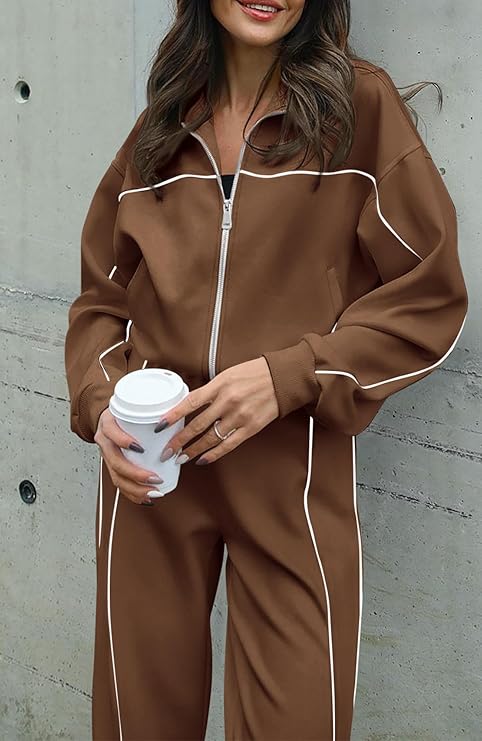 Contrast Piping Wide leg Joggers and Zipper Tracksuit