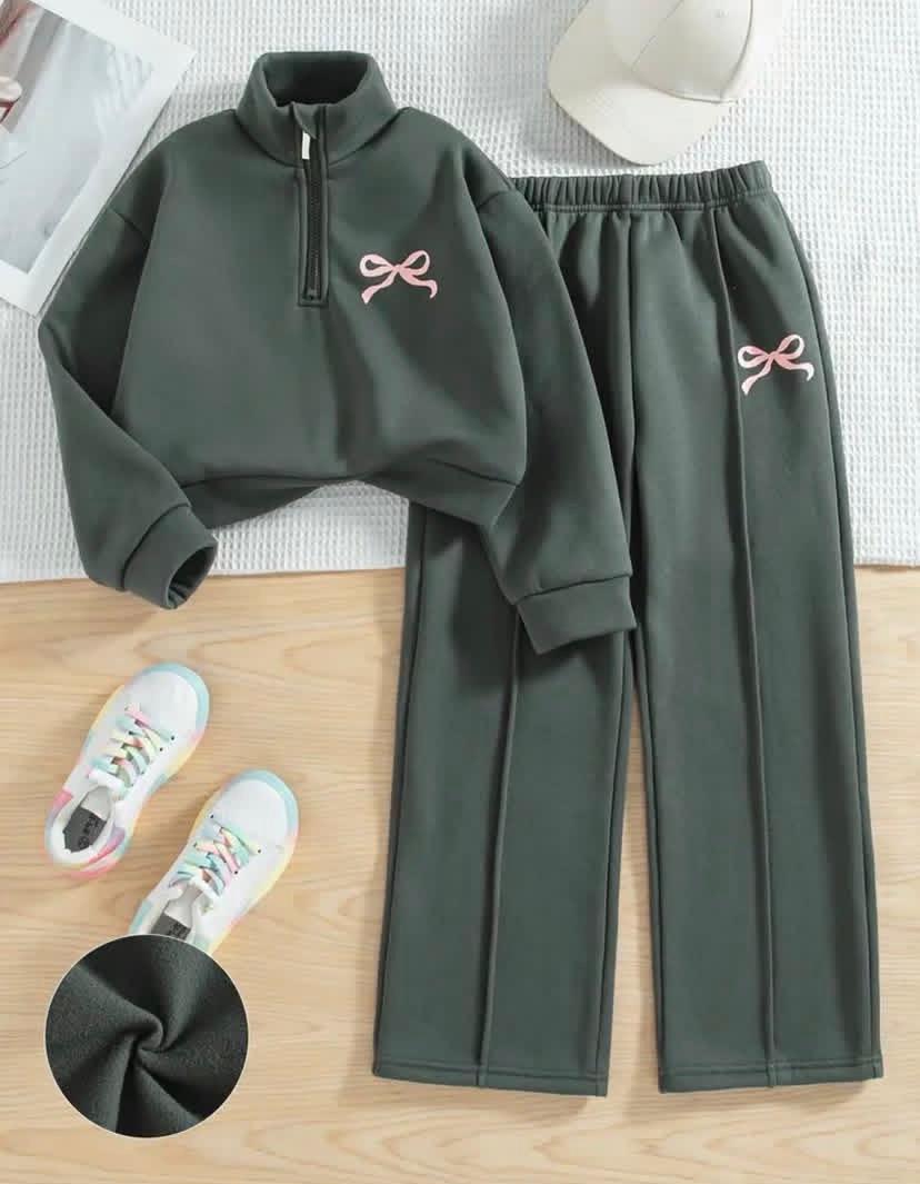 Girls Casual Fashion Printed Bow Pattern Two Pieces sweatshirt Set