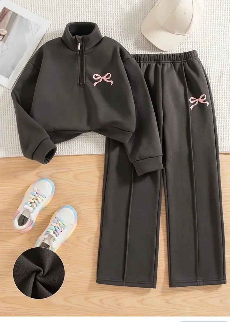 Girls Casual Fashion Printed Bow Pattern Two Pieces sweatshirt Set