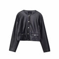 Women’s Black Collarless Crop Leather Jacket