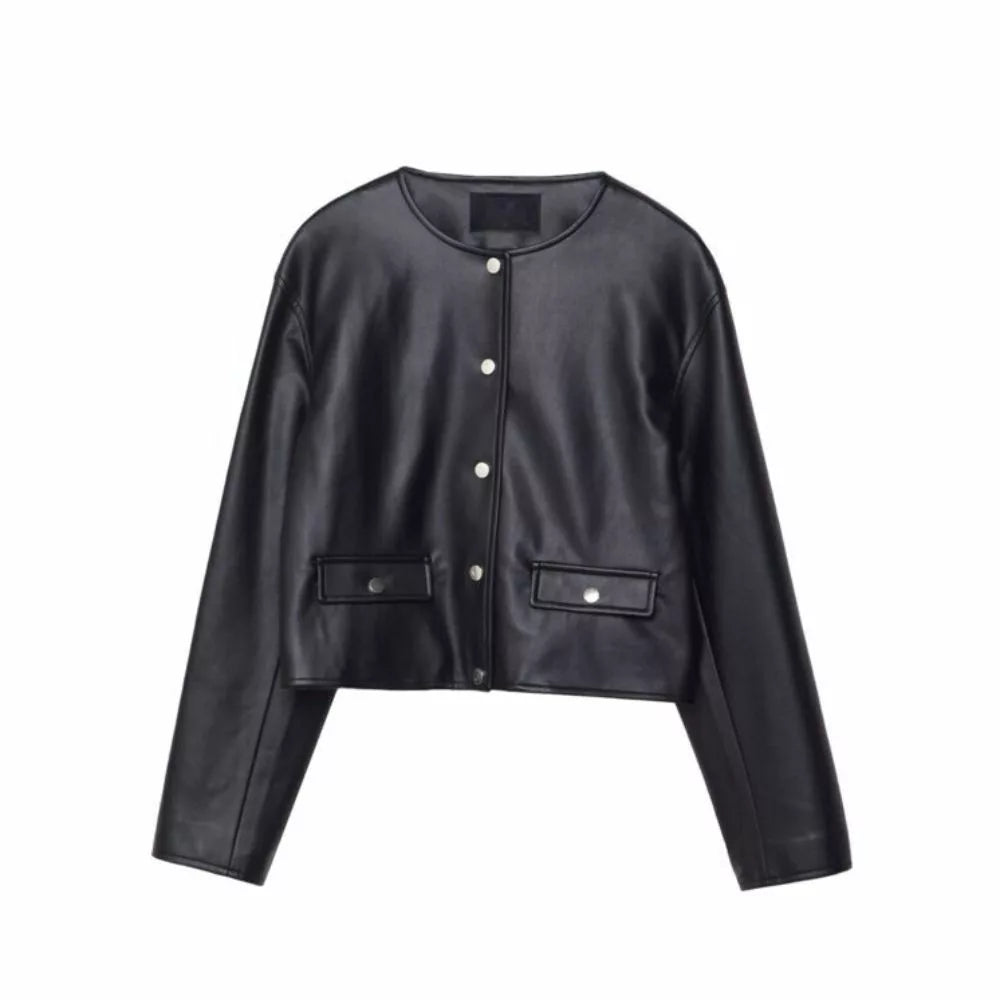 Women’s Black Collarless Crop Leather Jacket