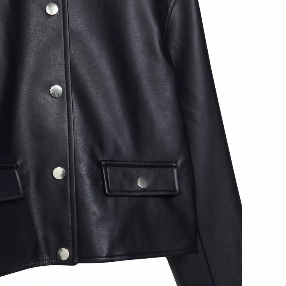 Women’s Black Collarless Crop Leather Jacket