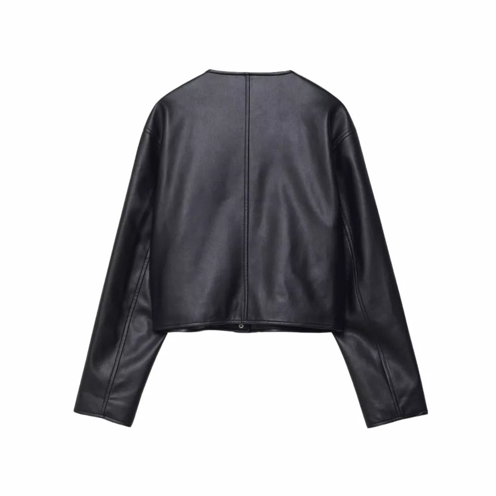 Women’s Black Collarless Crop Leather Jacket