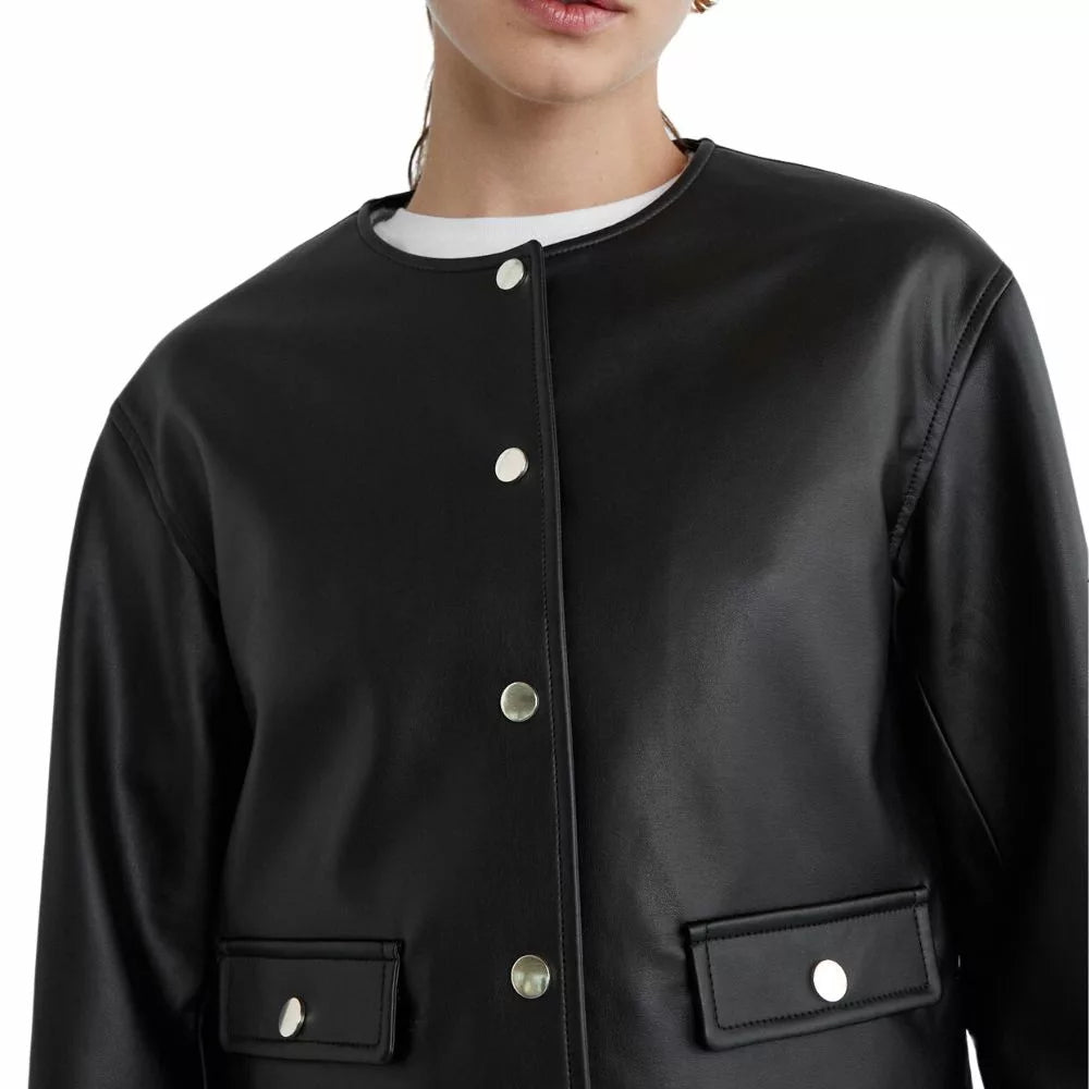 Women’s Black Collarless Crop Leather Jacket