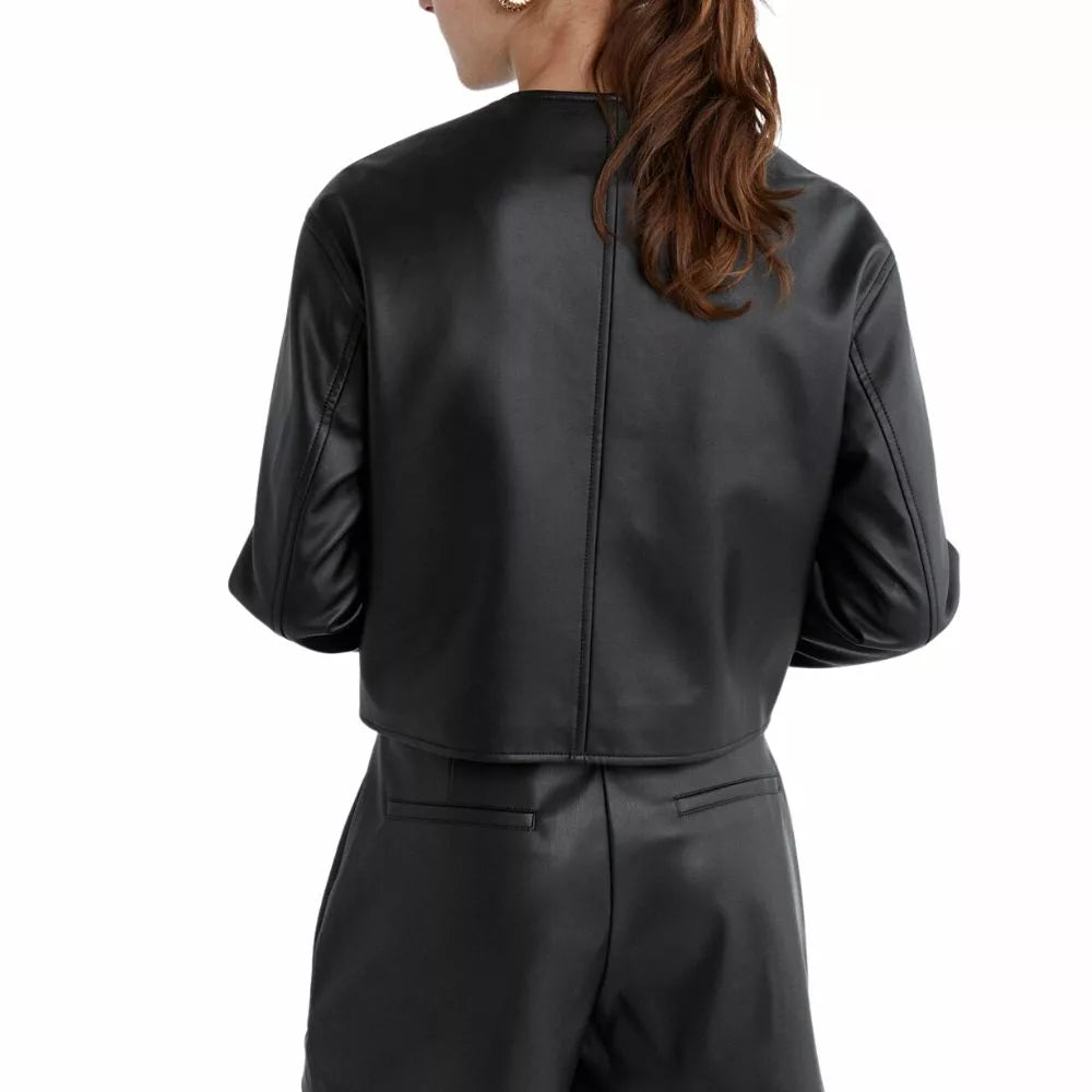 Women’s Black Collarless Crop Leather Jacket