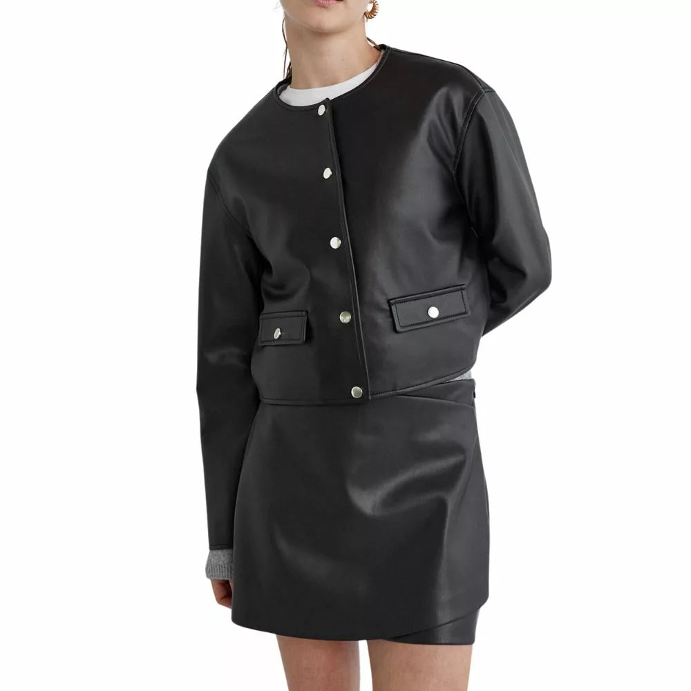 Women’s Black Collarless Crop Leather Jacket