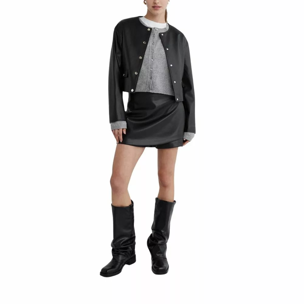 Women’s Black Collarless Crop Leather Jacket