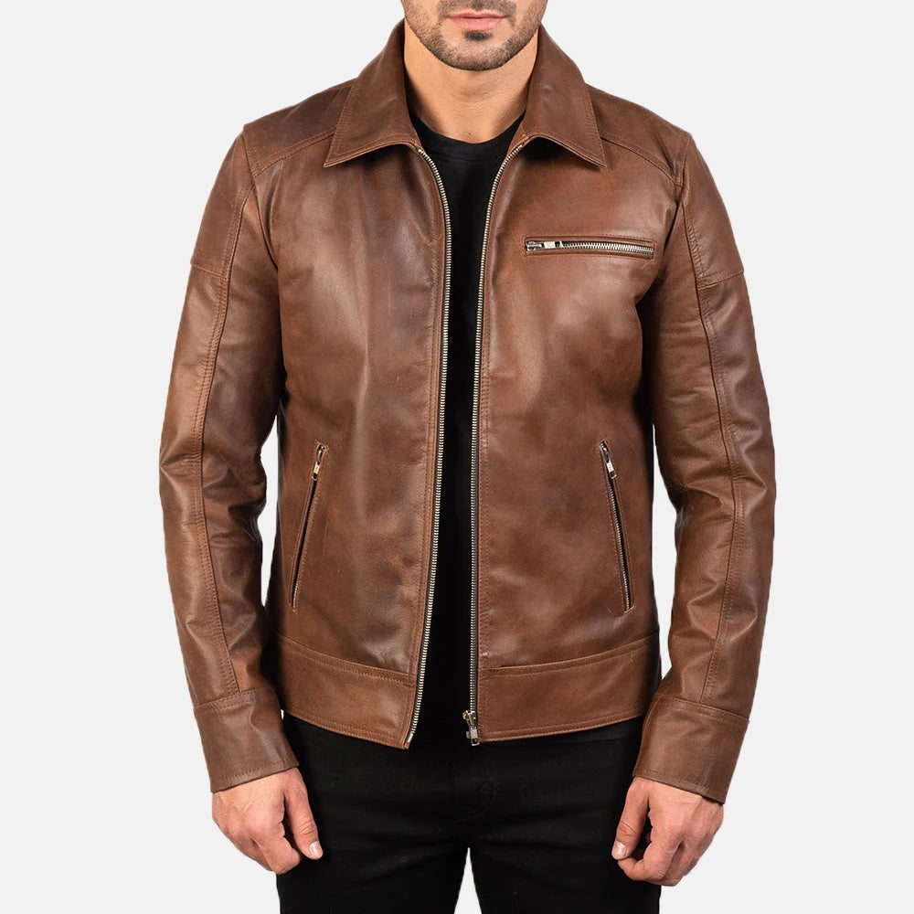 Mens Lavendered Brown Leather Jacket