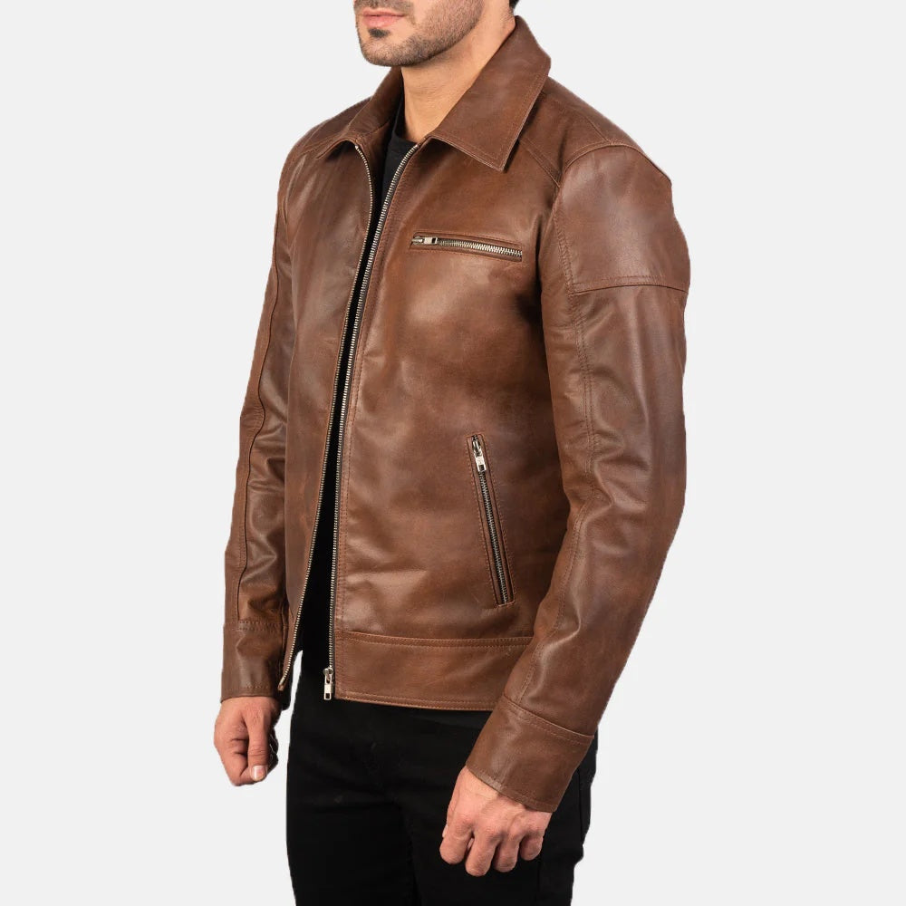 Mens Lavendered Brown Leather Jacket