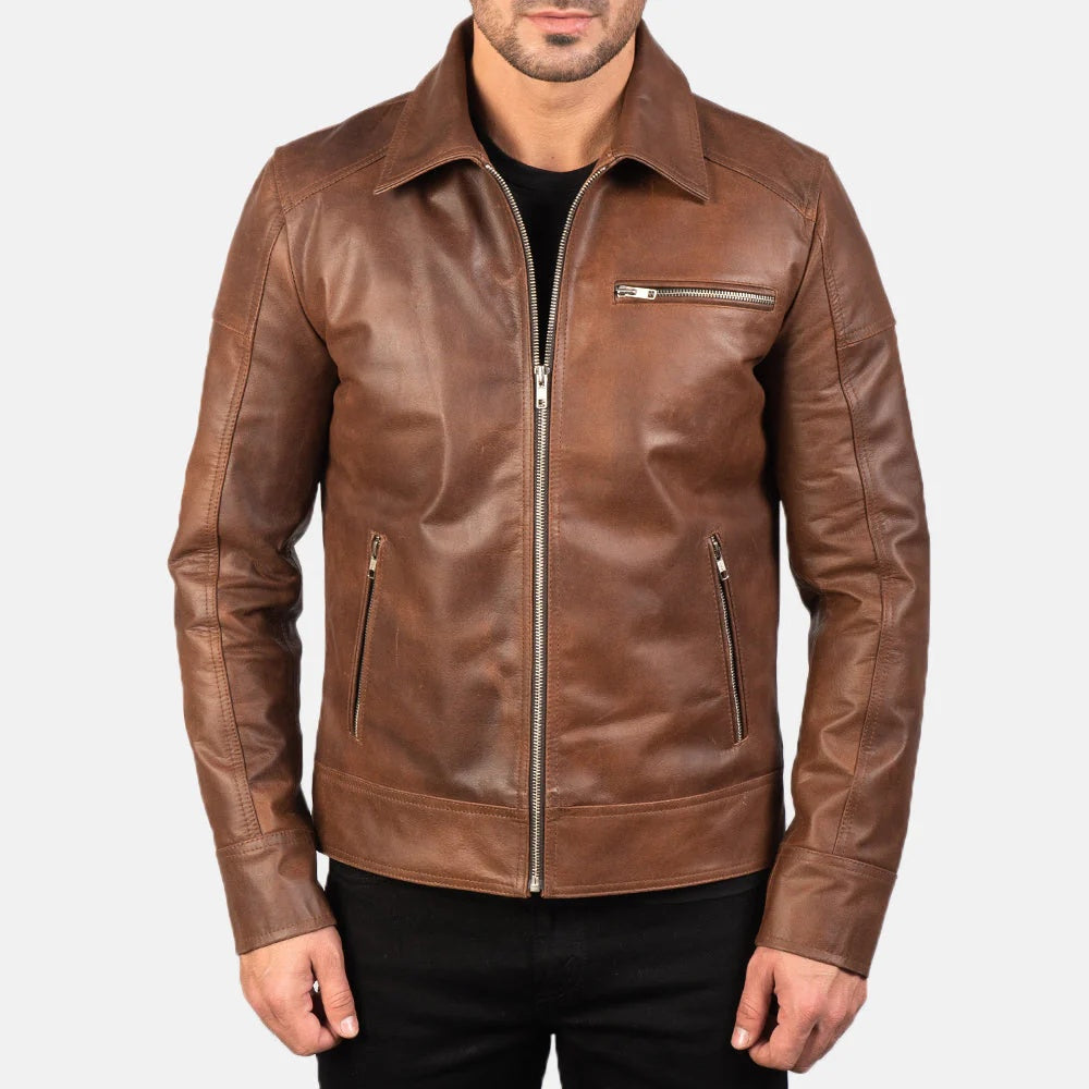 Mens Lavendered Brown Leather Jacket
