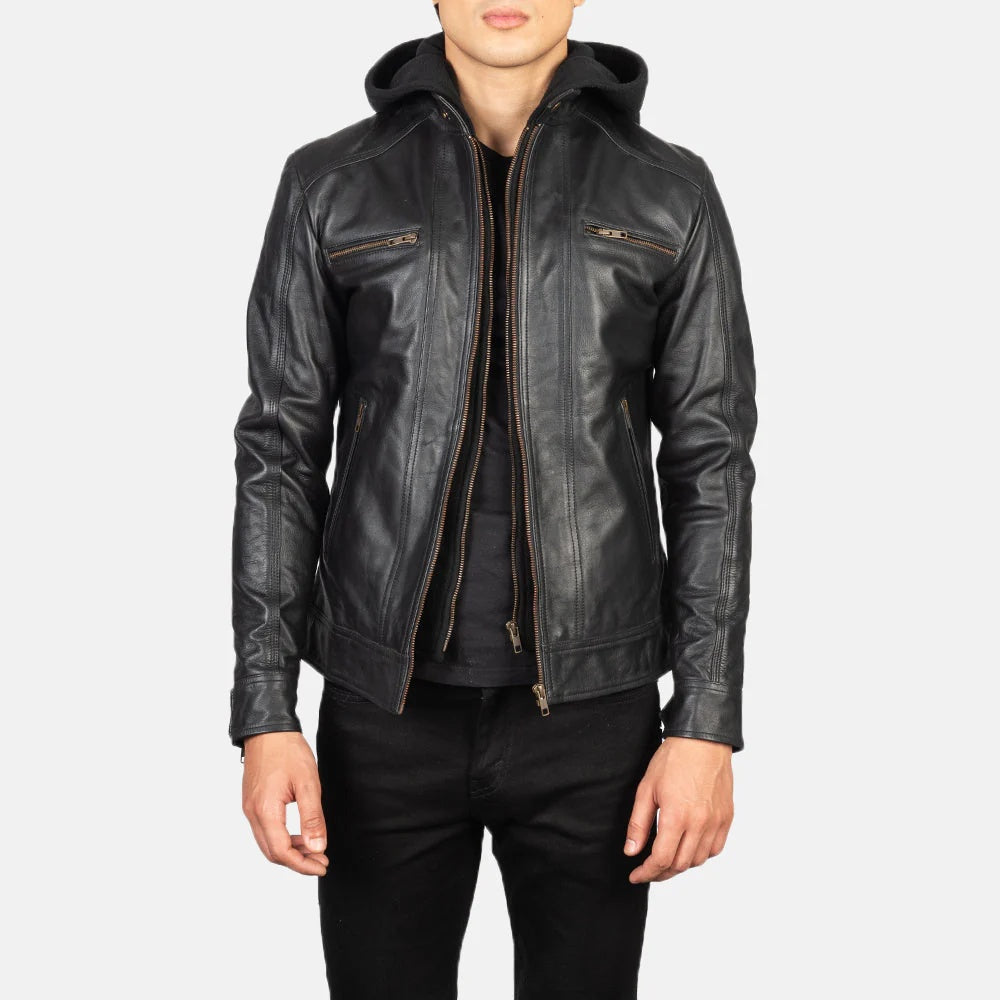 Men's Black Slim Fit Leather Jacket with Hood