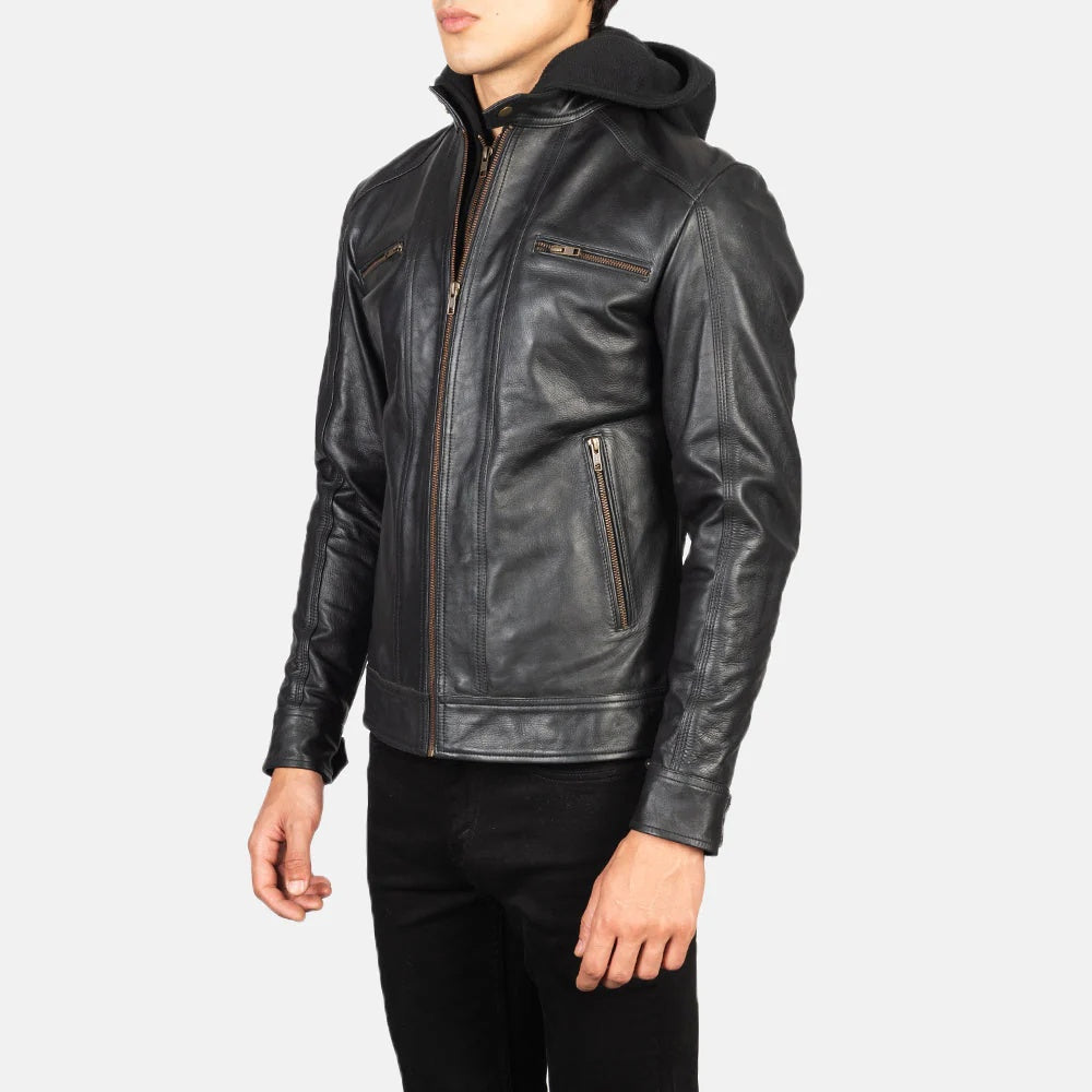 Men's Black Slim Fit Leather Jacket with Hood