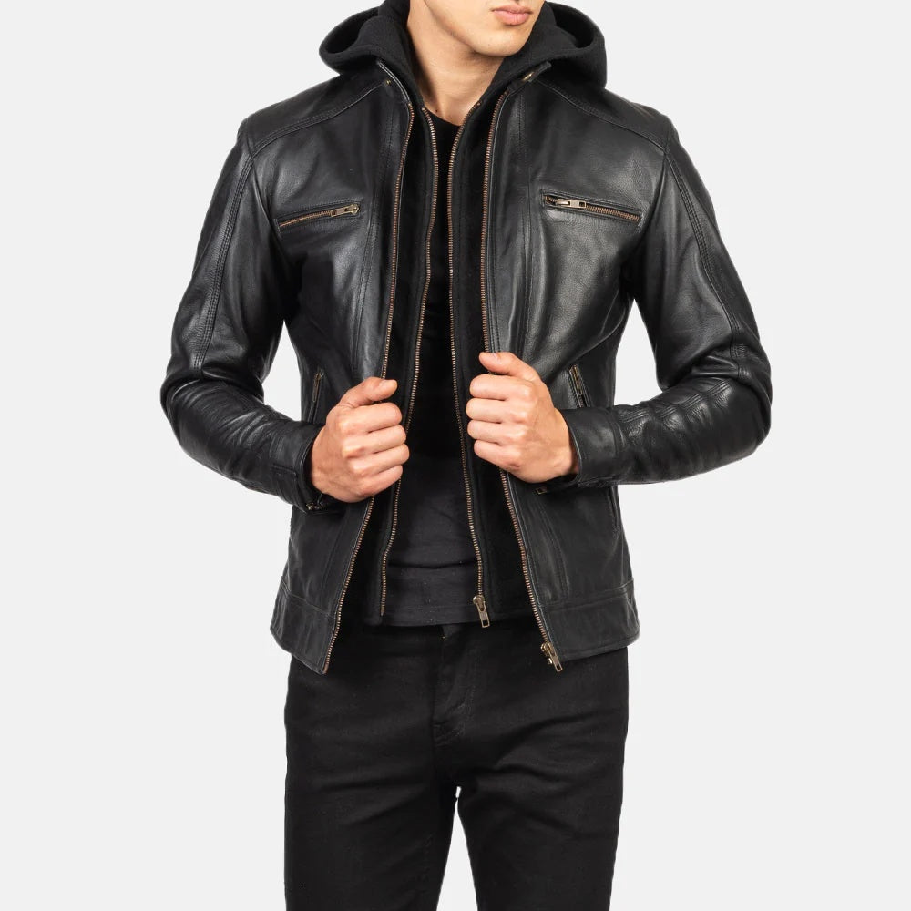 Men's Black Slim Fit Leather Jacket with Hood