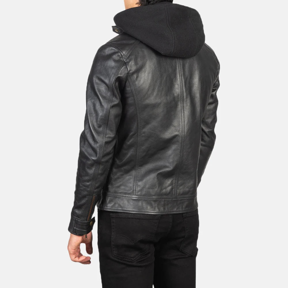 Men's Black Slim Fit Leather Jacket with Hood