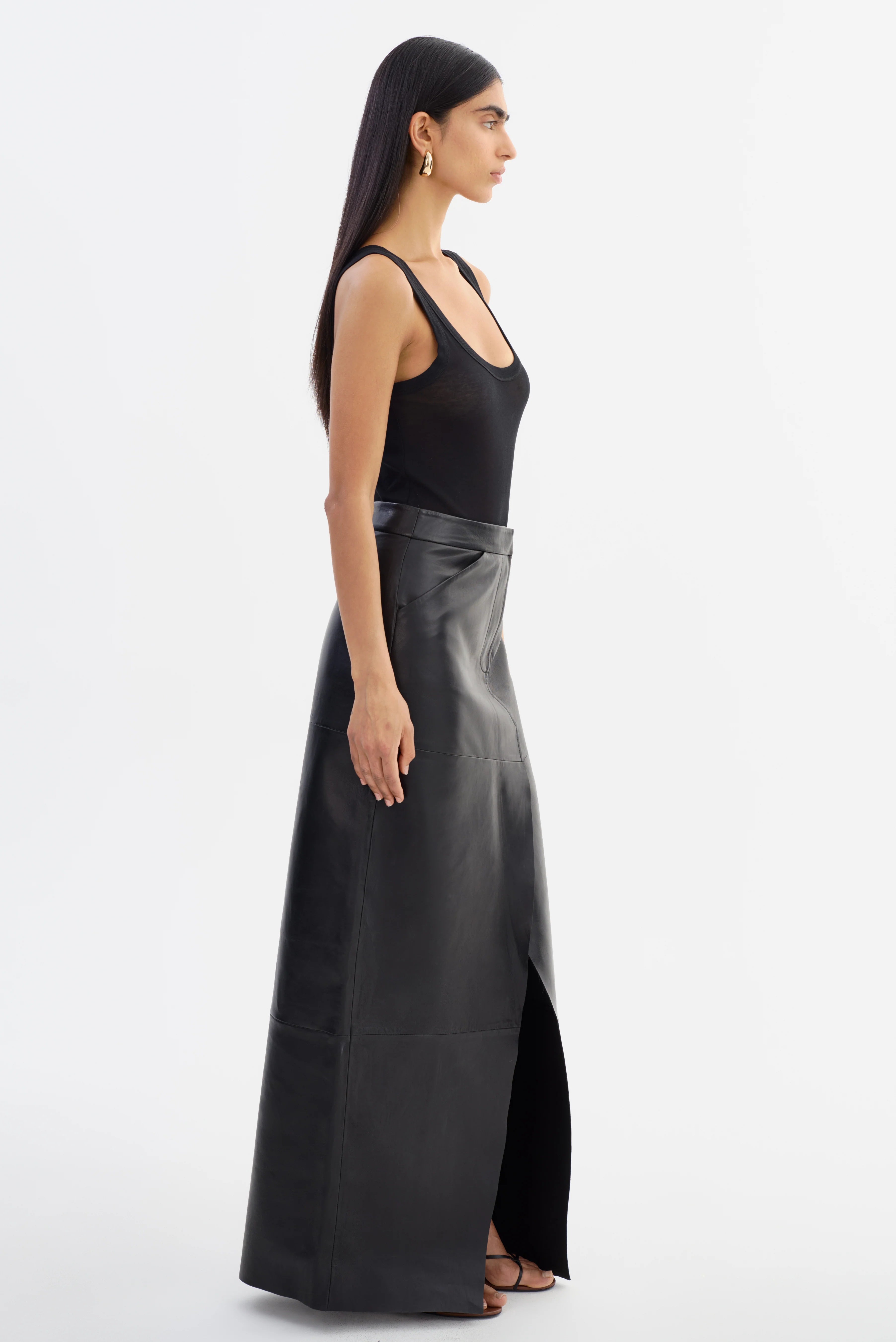 Black Leather Split Maxi Skirt