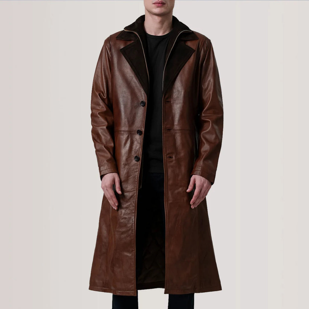 Charlton Waxed Brown Leather Single Breasted Coat for Men