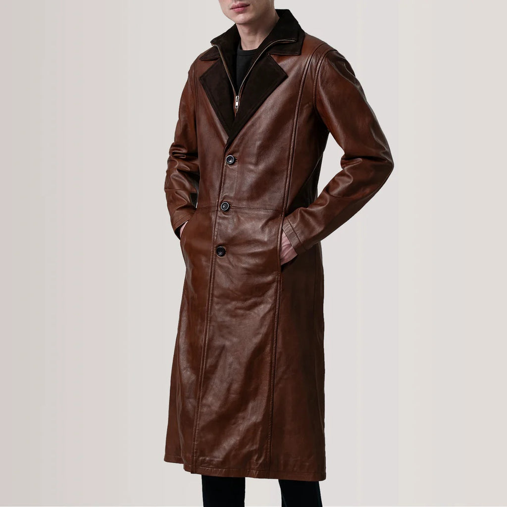 Charlton Waxed Brown Leather Single Breasted Coat for Men