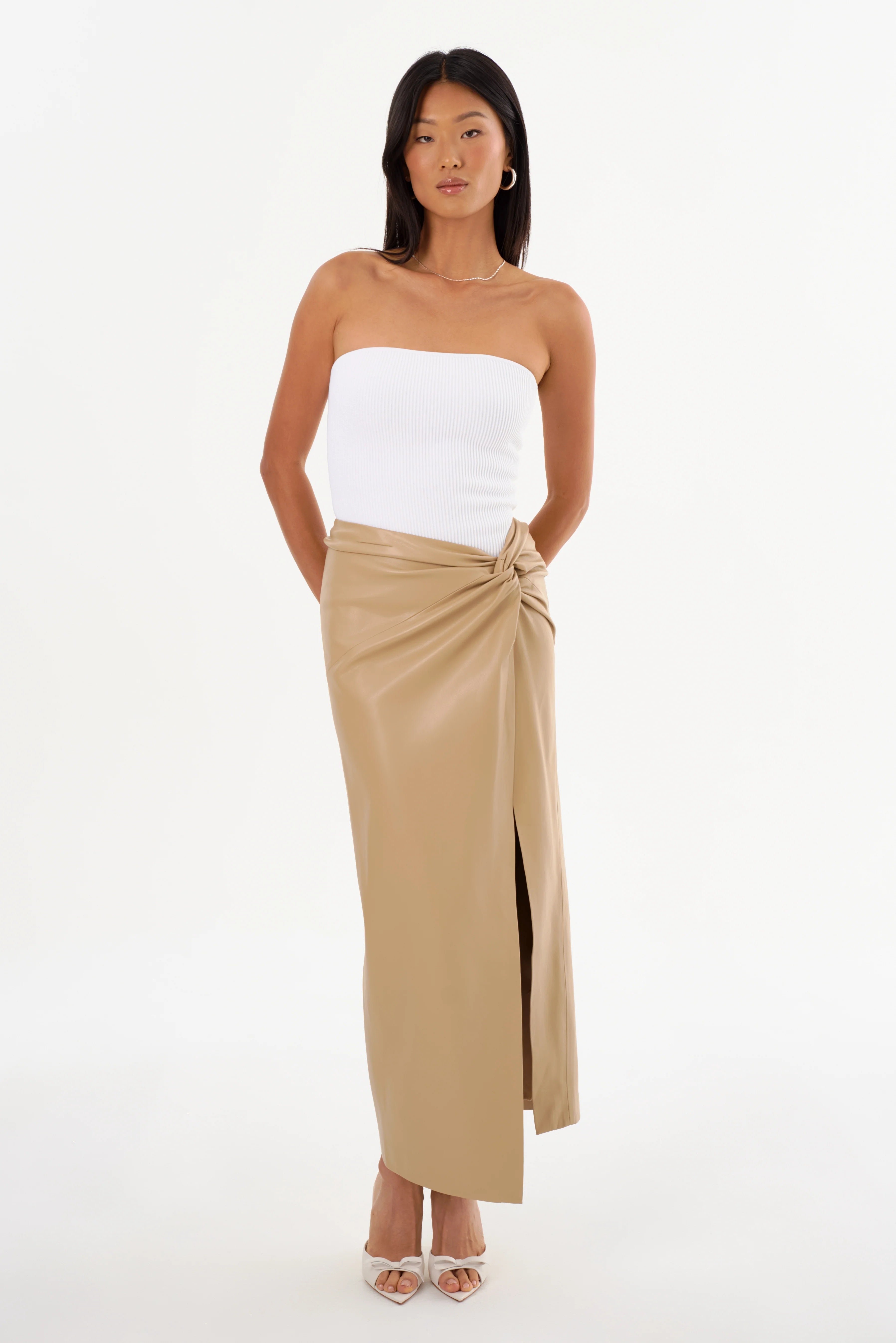 LeatherTwisted Slit Midi Skirt