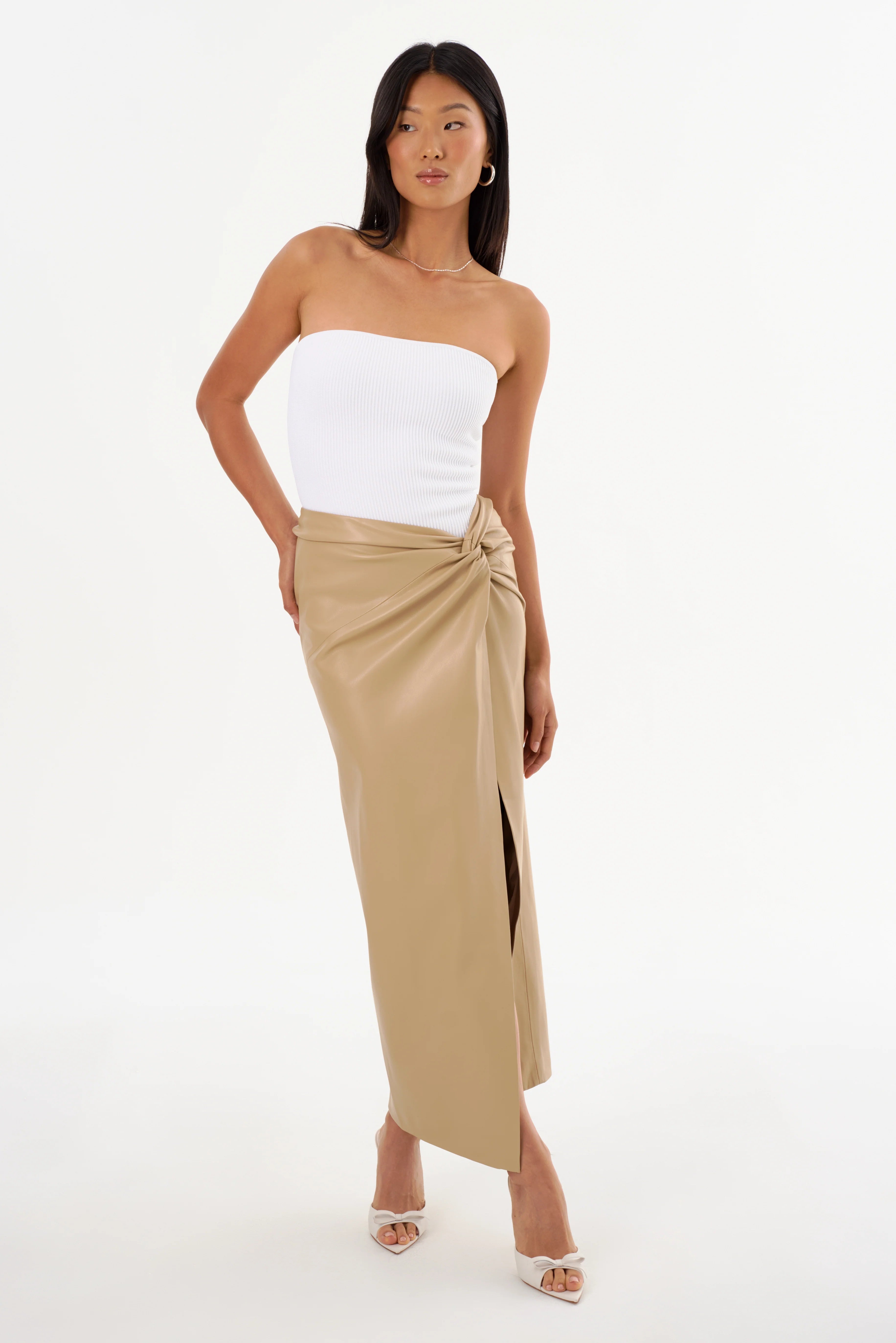 LeatherTwisted Slit Midi Skirt
