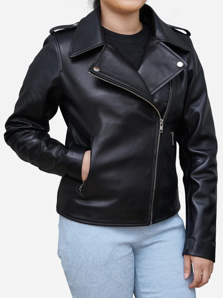 Women Black Leather Moto Biker Jacket
