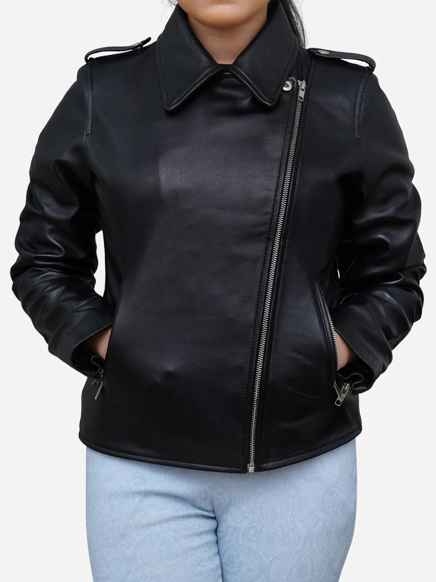 Women Black Leather Moto Biker Jacket