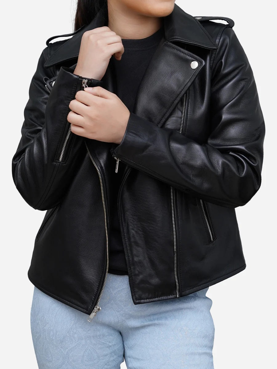 Women Black Leather Moto Biker Jacket