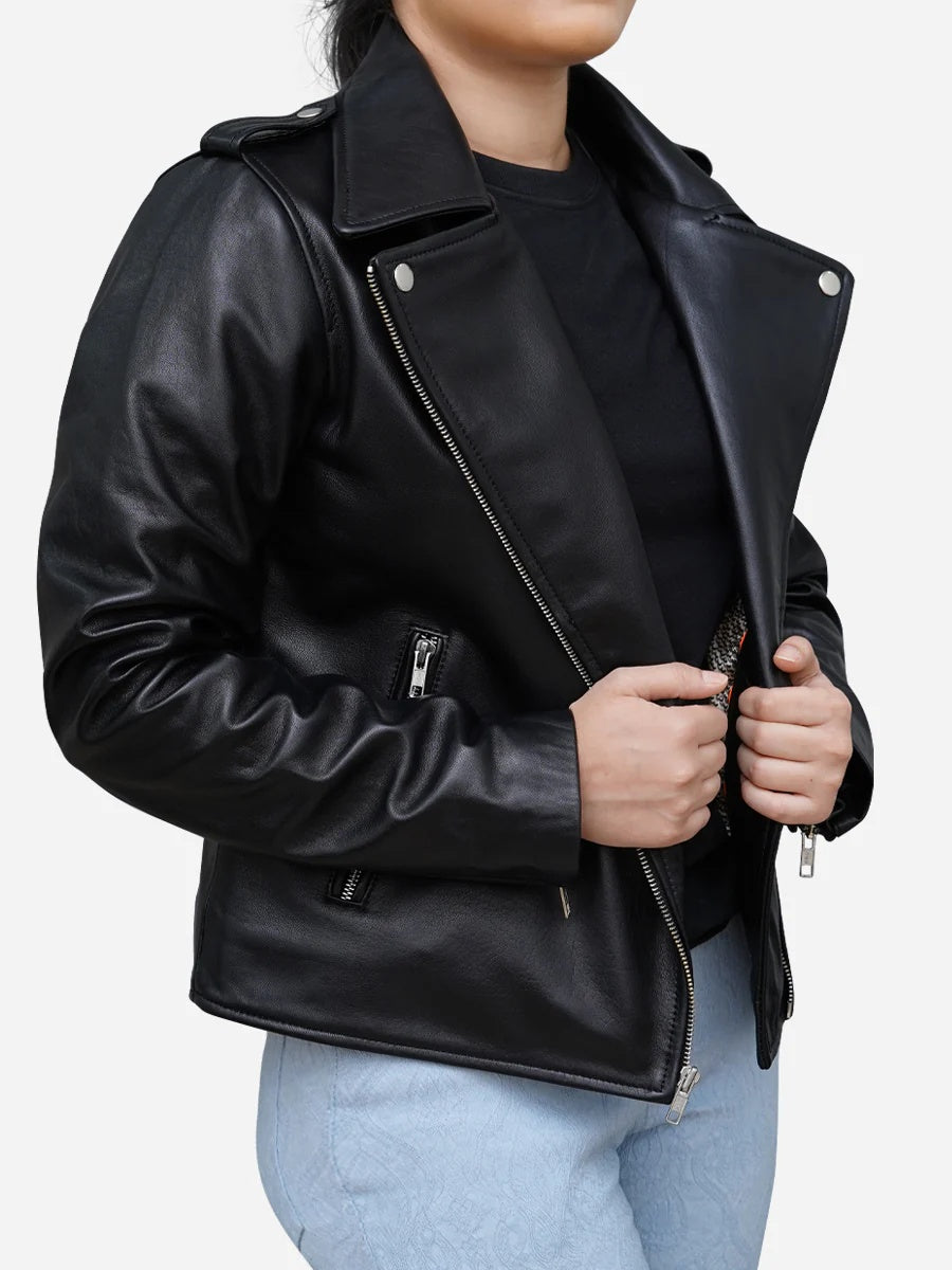 Women Black Leather Moto Biker Jacket