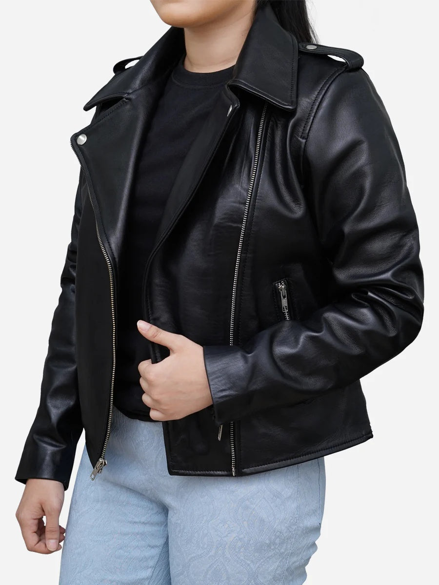 Women Black Leather Moto Biker Jacket