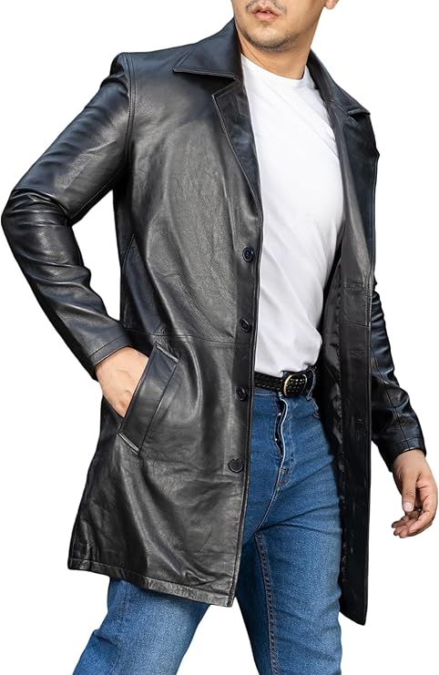 Jild Men’s 3/4 Length Lambskin Leather Trench Coat – Casual Car Coat Style Long Jacket