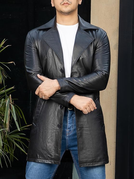 Jild Men’s 3/4 Length Lambskin Leather Trench Coat – Casual Car Coat Style Long Jacket