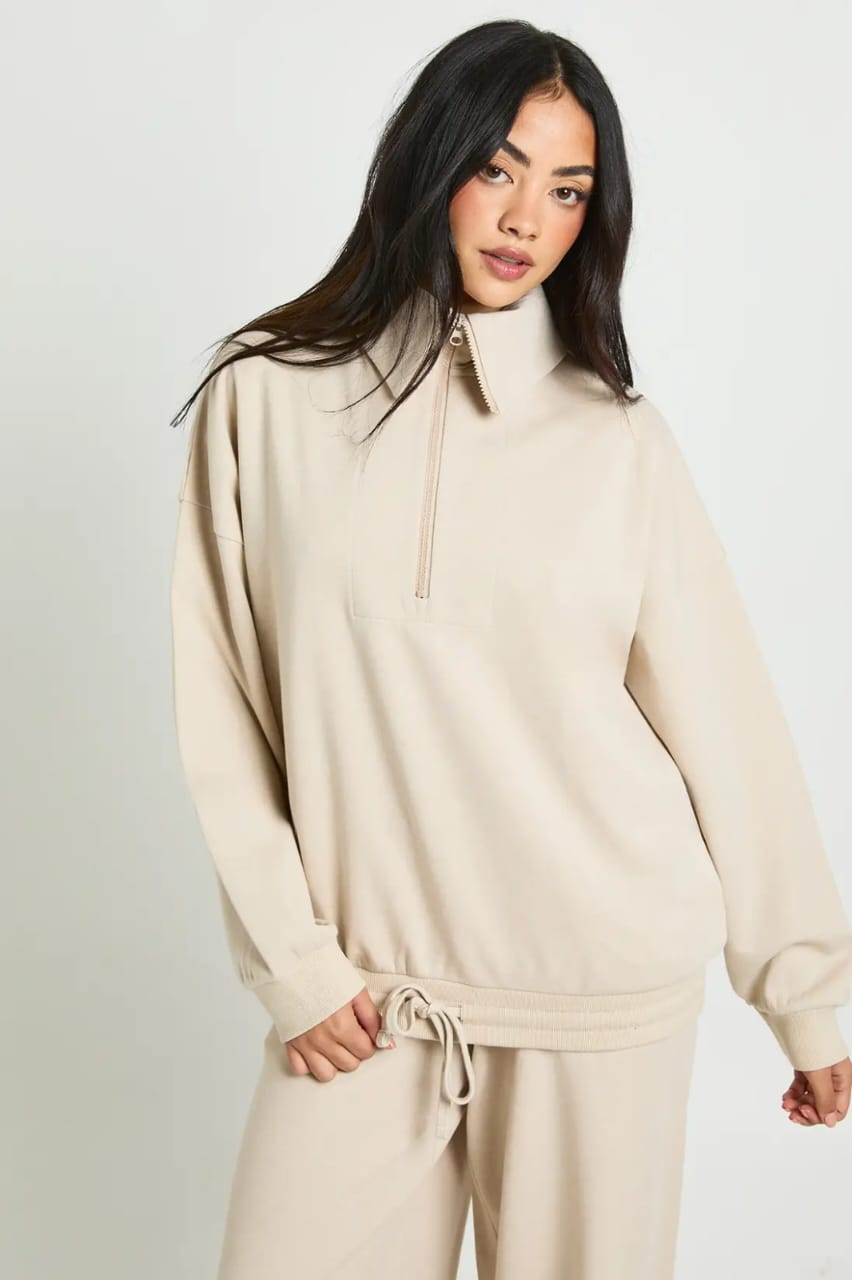 Beige Wide Leg Trouser with High Zipper Lounge Wear