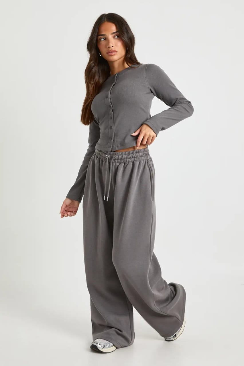 Grey  Ribbed Button Up Cardigan with Straight Trouser