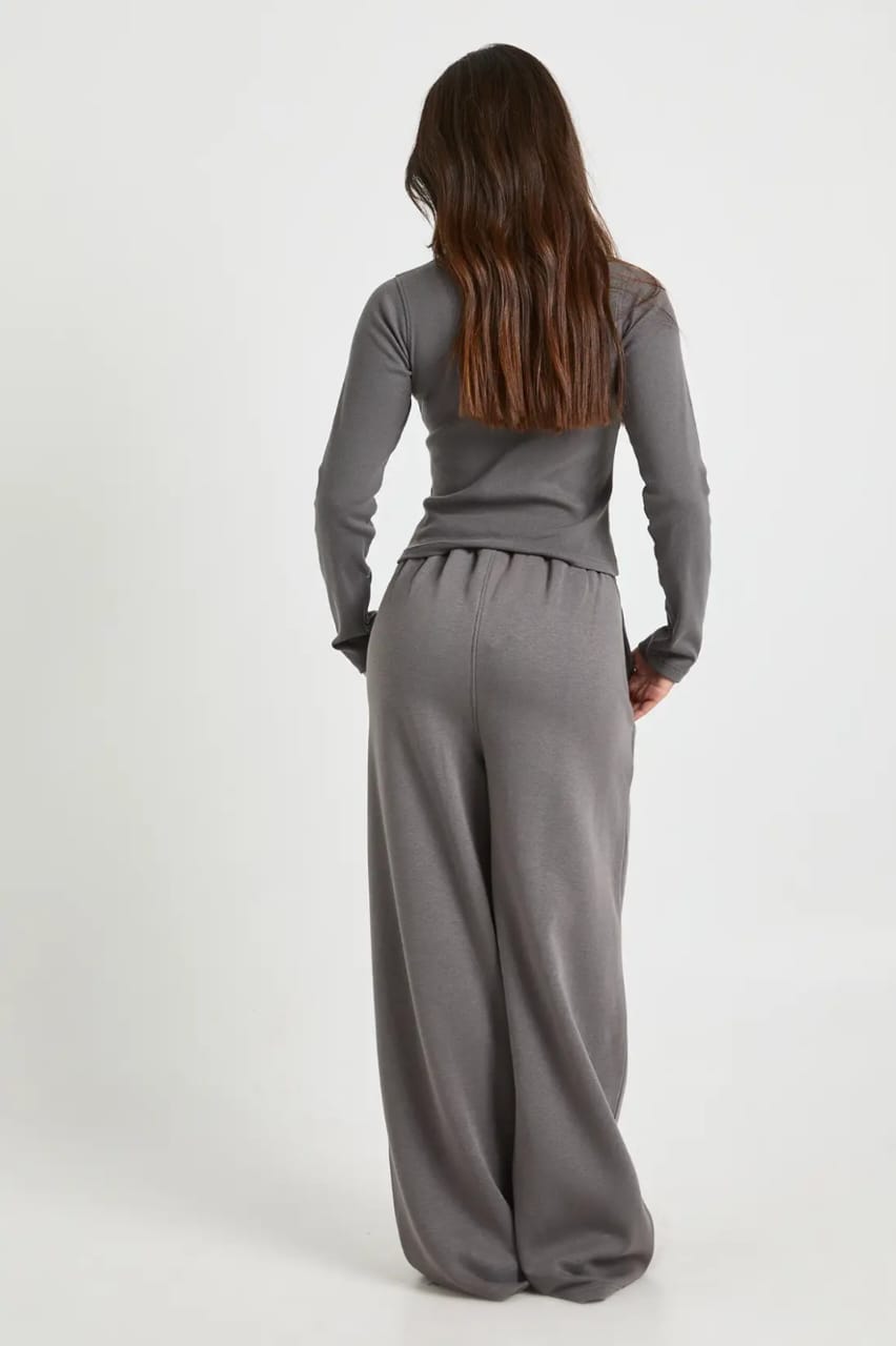 Grey  Ribbed Button Up Cardigan with Straight Trouser