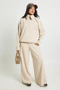Beige Wide Leg Trouser with High Zipper Lounge Wear