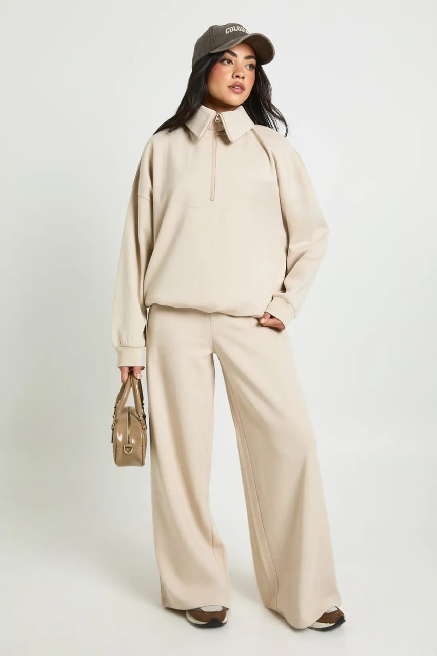 Beige Wide Leg Trouser with High Zipper Lounge Wear