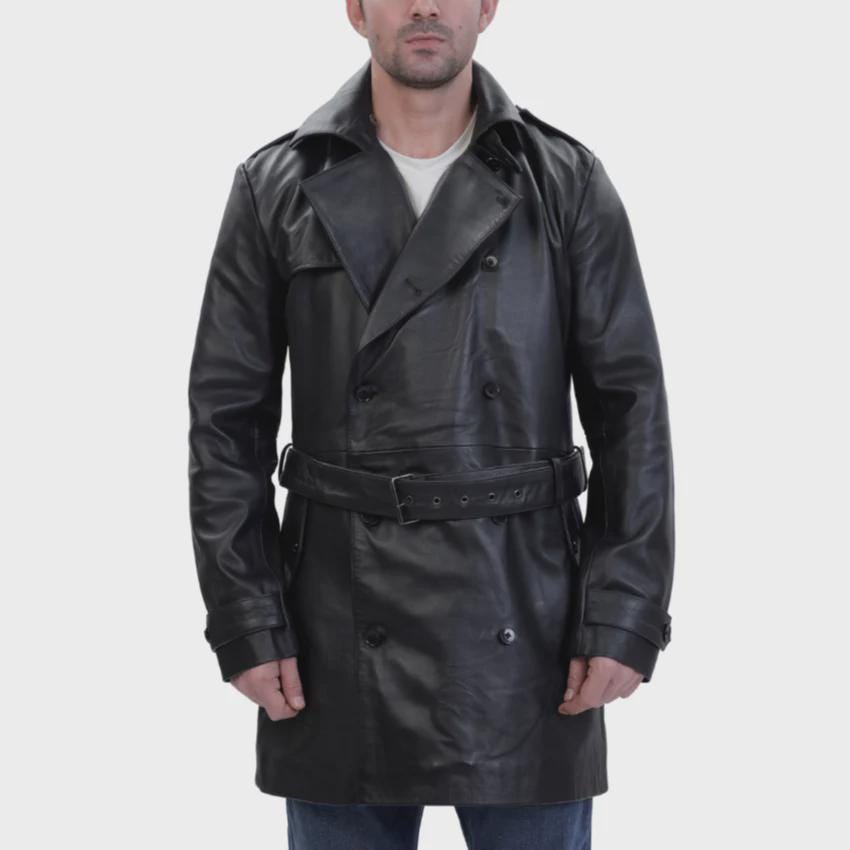 Black Leather Belted And Double Breasted Trench Leather coat