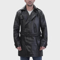 Black Leather Belted And Double Breasted Trench Leather coat