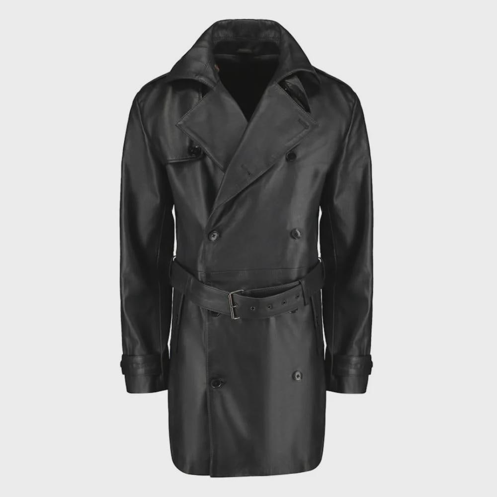 Black Leather Belted And Double Breasted Trench Leather coat