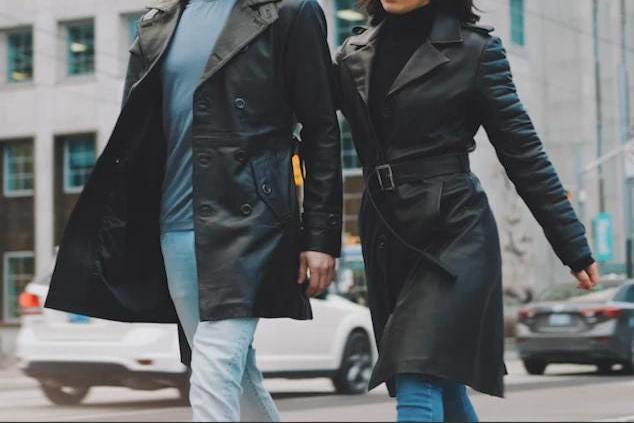 Black Leather Belted And Double Breasted Trench Leather coat