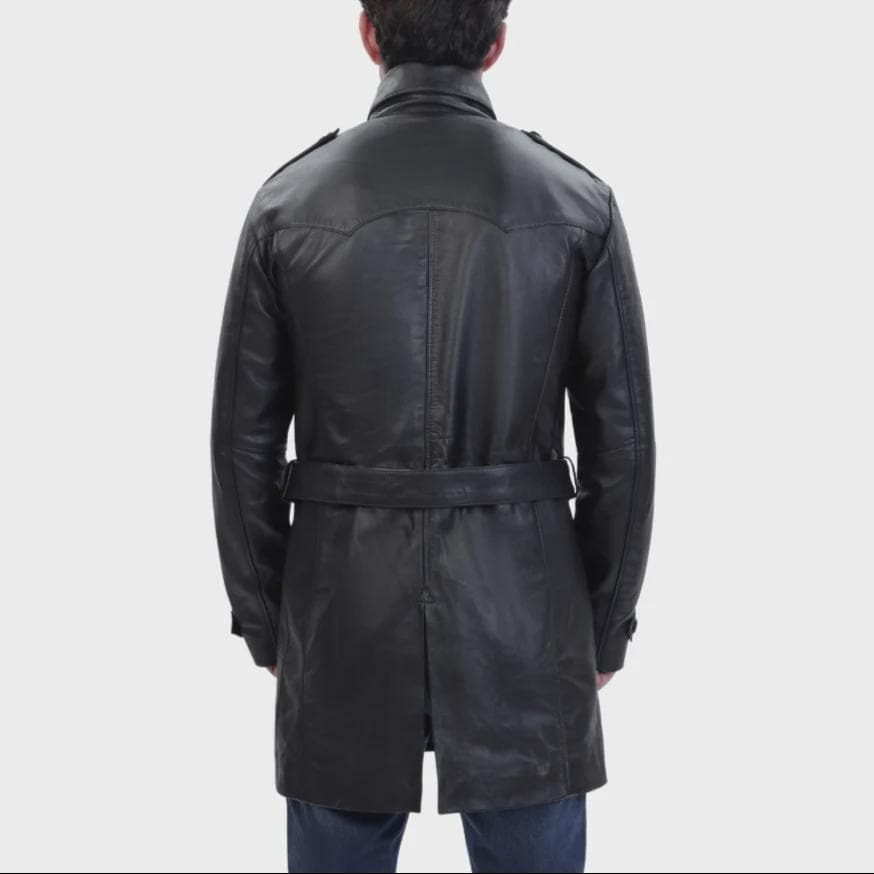 Black Leather Belted And Double Breasted Trench Leather coat