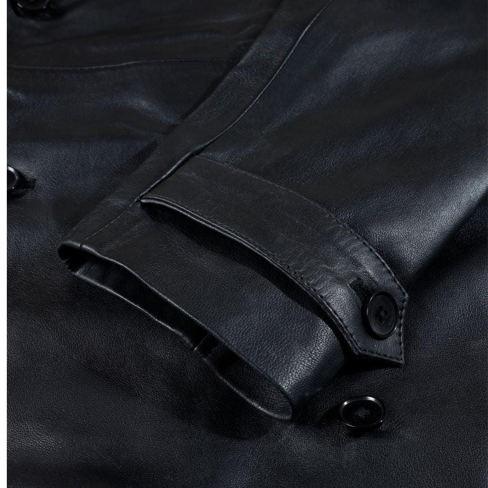 Black Leather Belted And Double Breasted Trench Leather coat
